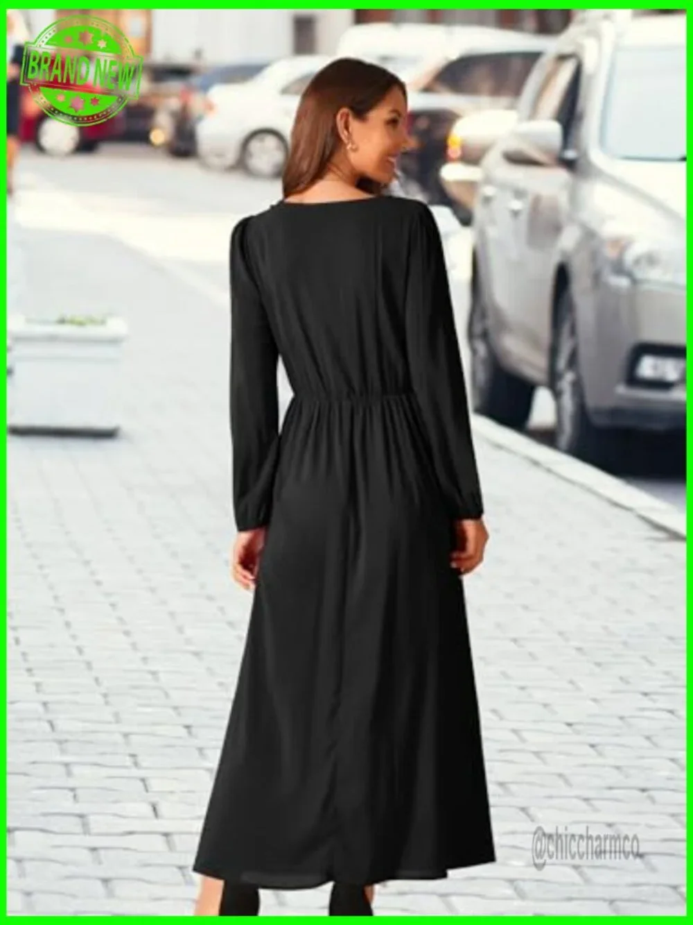 Large Formal Maxi Dress Long Sleeve Chiffon A-Line Crewneck - Picture 4 of 5